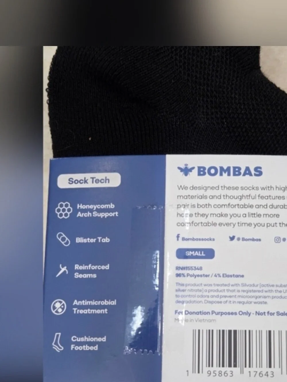 Bombas Ankle Socks Small 3 Pair Unisex Womens & Mens Honeycomb Black/Grey BNWT